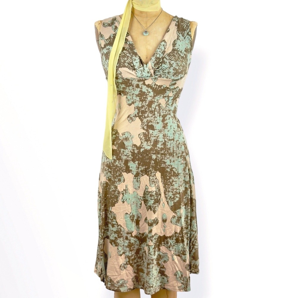 Coastal Womens M V-Neck Midi Dress Abstract Earthy Boho Chic Art Summer